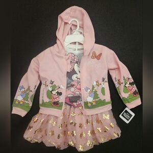 Disney Minnie Mouse 3 Piece Pink Long Sleeve Hoodie and Dress Set, Size 5 NWT